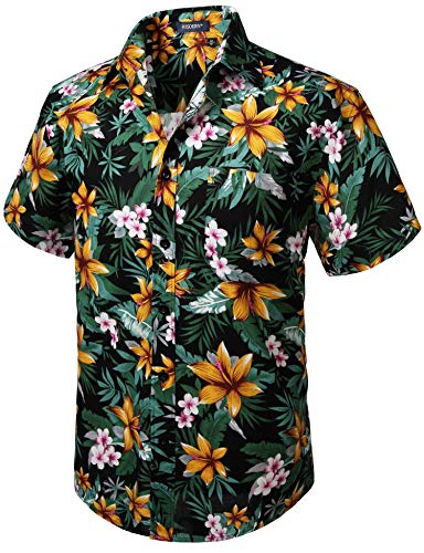 HISDERN Hombre Funky Hawaiana Floral Camisa Manga Corta Bolsillo Delantero Holiday Summer Aloha Printed Beach Casual Negro Naranja Hawaii Flower Camisas