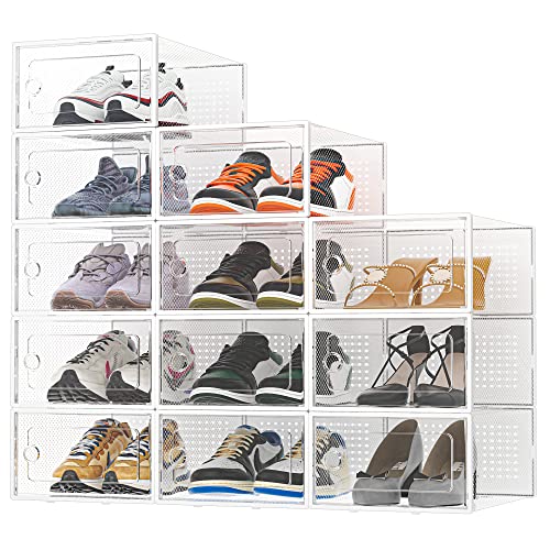 Cajas de Zapatos, 12 pcs Cajas de Almacenamiento de Zapatos de Plástico Transparente Apilables, Contenedores Organizadores de Zapatos con tapas para Mujeres / Hombres
