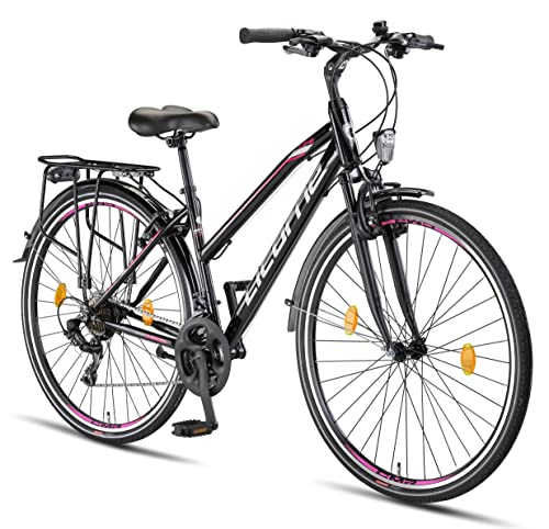 Licorne Bike L-V-ATB Bicicleta de Trekking prémium de 28 Pulgadas, para Hombres, niños, niñas y Mujeres, Cambio de 21 velocidades, Ciudad, Hombres, Color Negro y Rosa
