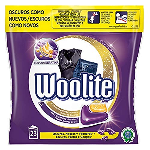 Woolite Detergente para Lavadora Especial Cuidado Ropa Oscura, Negros y Vaqueros, formato cápsulas, 23 Cápsulas