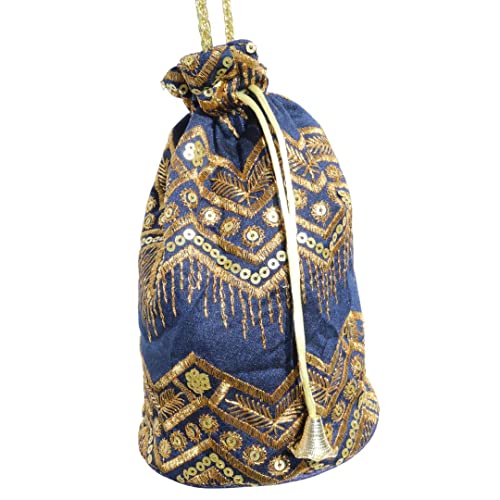 Bombonera Hindú, Bolso de mano elegante, casual y fiesta. Bolso azul con bordado, lentejuelas y cordones dorados.