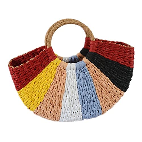 Zarfmiya bolso de paja de verano femenino bolso tejido color mezclado bolsa de playa bolsas de viaje tejido cesta B, oscuro, Talla