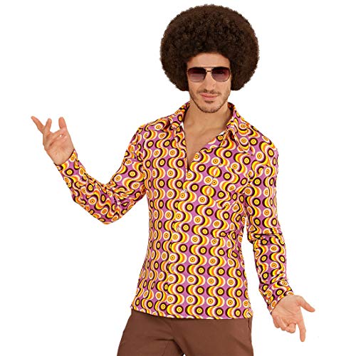 Estilizada camisa retro años 70 para caballero - Rosa-amarillo L/XL (ES 52/54) - Extravagante outfit para hombre movimiento groovy camisa manga larga vintage - El punto alto para festival y carnaval