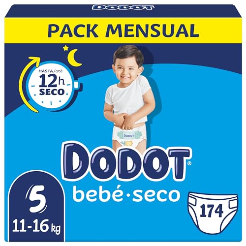 Dodot Pañales Bebé-Seco Talla 5 (11-16 kg), 174 con Protección Antifugas, Pack Mensual