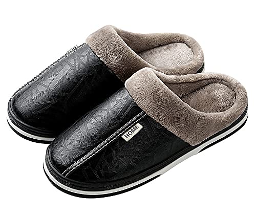 CELANDA Zapatillas de Estar por casa para Mujer Impermeables de PU Pantuflas Térmicos de Invierno Suave Algodón Casa Zapatos Cómodo Y Antideslizante (A Negro 40/41 EU=Talla fabricante:41/42)
