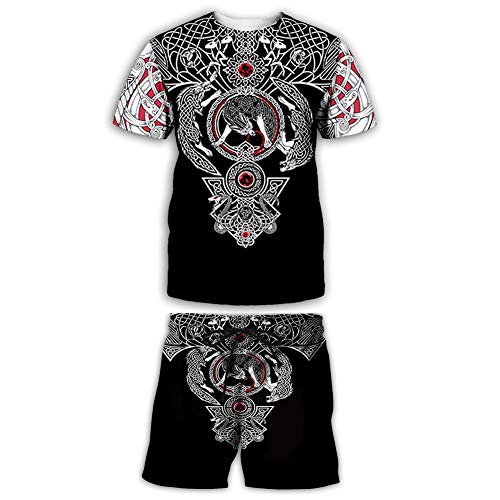 NICEWL Conjuntos de Camiseta Y Pantalones Cortos de Hombre Vikingo Impresos En 3D,Mitología Nórdica Hecha A Mano Celtic Wolf Thor's Hammer Camiseta de Manga Corta Unisex,D,M