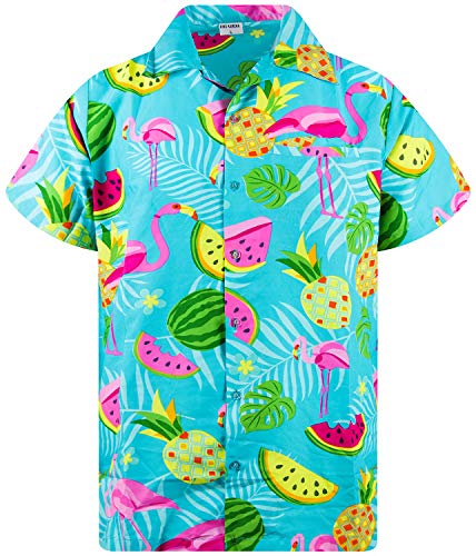 Funky Camisa Hawaiana, Manga Corta, Flamingo Melon, Turquesa, M
