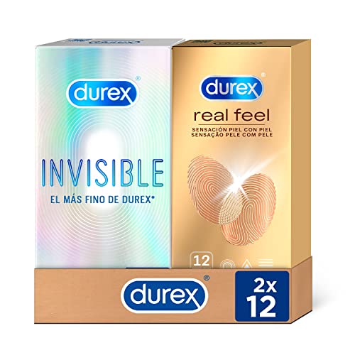 Durex Pack Preservativos Invisibles Super Finos & Preservativos Sensitivos Real Feel Sensación Piel con Piel, 2x12 condones