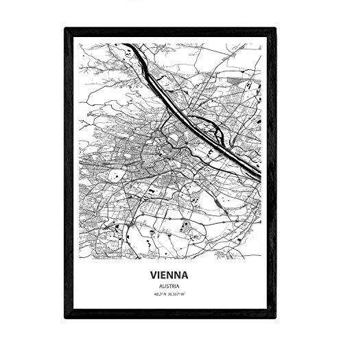 Nacnic Poster con Mapa de Vienna - Austria. Láminas de Ciudades de Europa con Mares y ríos en Color Negro. Tamaño A3