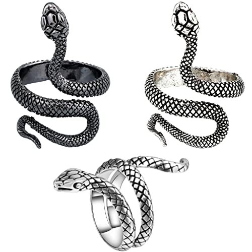 Ouceanwin 3 piezas punk serpiente anillo plata negro Vintage anillos abiertos serpiente anillo ajustable acero inoxidable gótico anillo de serpiente anillo joyas para hombres mujeres unisex