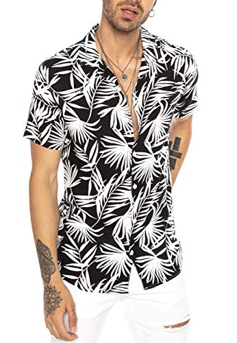 Camisa Hawaiana Moderna de Manga Corta para Hombres Negro L