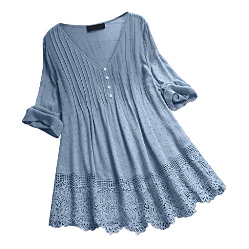 VEMOW Camisola Tops Mujer Vintage Jacquard Tres Cuartos de Encaje con Cuello en V Talla Grande Blusas Superior(Cielo azul,3XL)