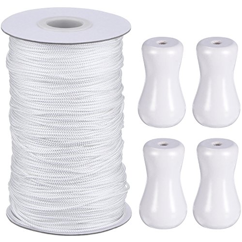 Hestya Rollo de cordón trenzado para tiradores de persianas venecianas de aluminio, jardinería o manualidades, de 1,8 mm y 50 m de largo, con 4 colgantes de madera blanca, blanco