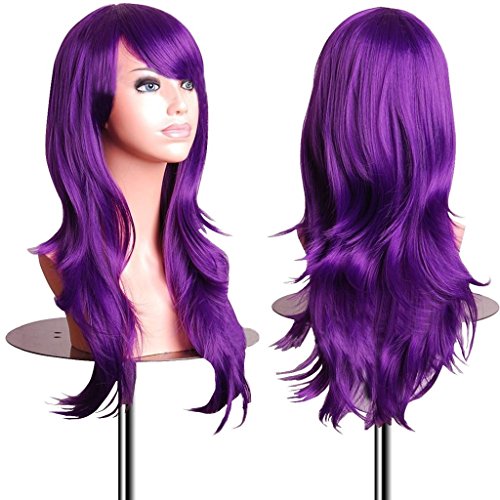 EmaxDesign Peluca de mujer de 70 cm de longitud Melena larga y con volumen, de estilo ondulado y resistente al calor, incluye rejilla para el pelo y peine para peluca, color púrpura.