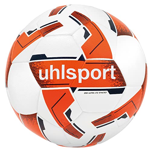 uhlsport 290 Ultra Lite Synergy, balón de Partido y Entrenamiento Junior, fútbol, para niños hasta 10 años, Talla 3, Blanco/Naranja Fluorescente/Marino