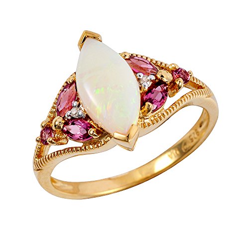 Ivy Gems Anillo de plata de ley chapado en oro, cabujón de ópalo marquesa rosa turmalina y diamante, multicolor, Medium