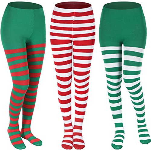 Medias de Navidad a rayas, 3 pares de medias a rayas con pies completos, color rojo, verde, blanco, a rayas, medias de Navidad, medias para disfraz de mujer, Verde, blanco y rojo, talla única