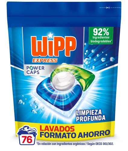 Wipp Express Power Caps Detergente en Cápsulas para Lavadora, 76 Dosis, Limpieza Profunda, Eficaz en Agua Fría