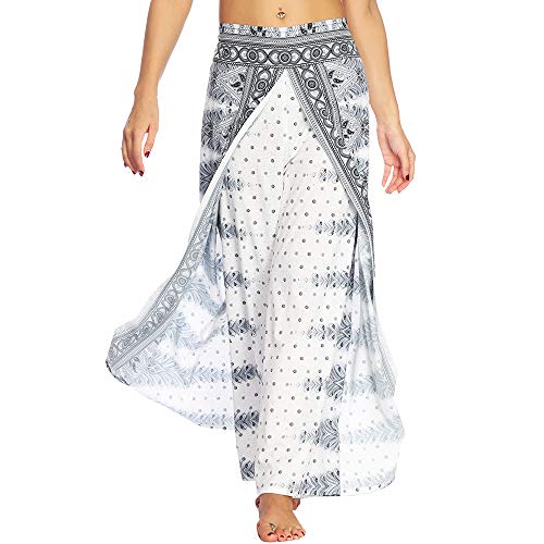 Nuofengkudu Mujer Hippie Largo Pantalones Dividir Pata Ancha Flores Estampados Sueltos Elegantes Comodos Thai Yoga Pants Verano Playa Vacaciones(Blanco Etnico,L/XL)