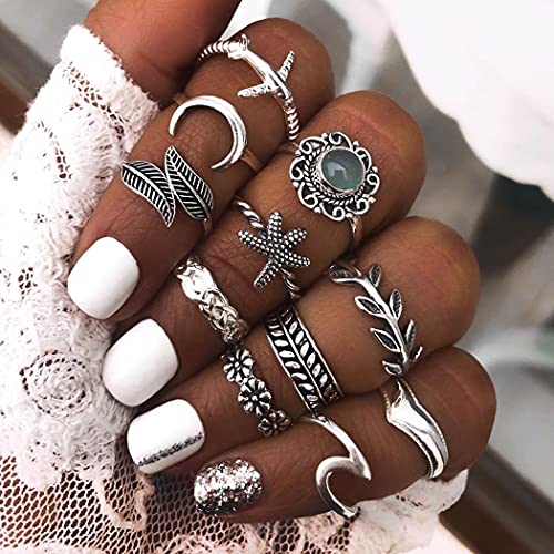 Prosy Boho Crystal/Flower/Crescent/Wave/Star Knuckle Rings Set Anillo de dedo de plata apilable para mujeres y niñas (Style A)