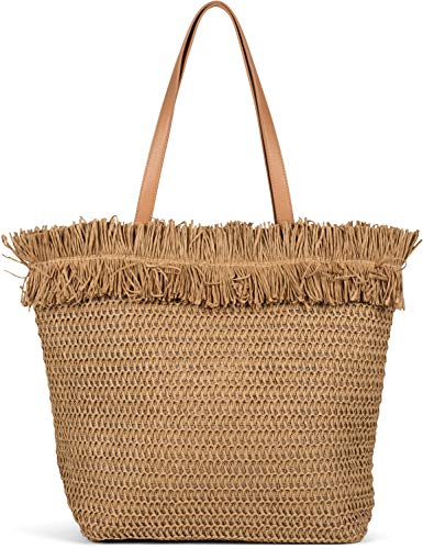 styleBREAKER Cesta para damas, bolsa de playa con asas largas, bolsa tejida, cremallera, shopper 02012348, color:Marrón