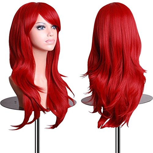 EmaxDesign Peluca de mujer de 70 cm de longitud Melena larga y con volumen, de estilo ondulado y resistente al calor, incluye rejilla para el pelo y peine para peluca, color rojo