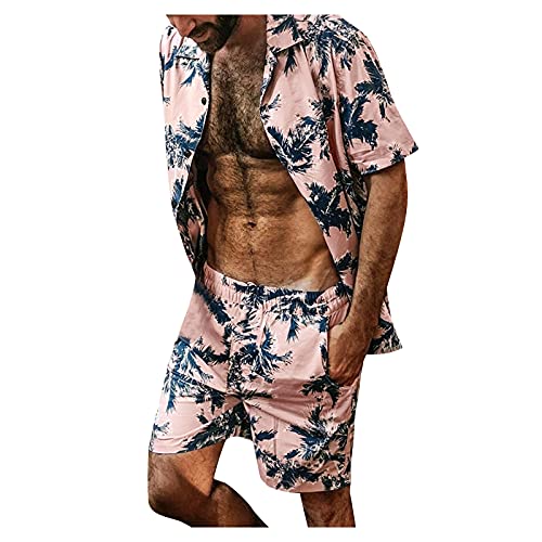 Pantalones cortos de playa para hombre jogging conjuntos de brazos de verano camisas pantalones cortos estampados 2 piezas Trajes y trajes de hombre grandes chalecos lejanos, Rosa., XXL
