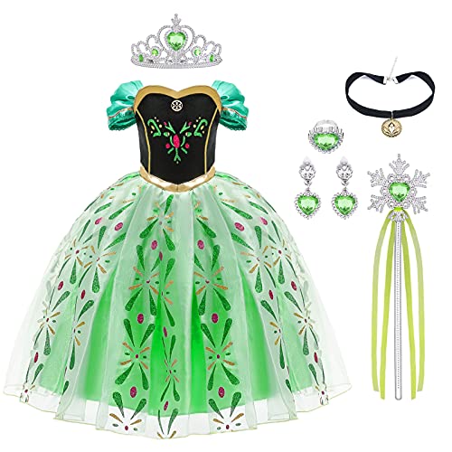 URAQT Niña Princesa Coronación Vestido, Disfraz de Elsa Anna con Varita Corona Accesorios, Vestido de Cosplay, Cumpleaños Fiesta Cosplay Carnaval Cosplay Halloween Traje, Talla 6-7 años, Verde