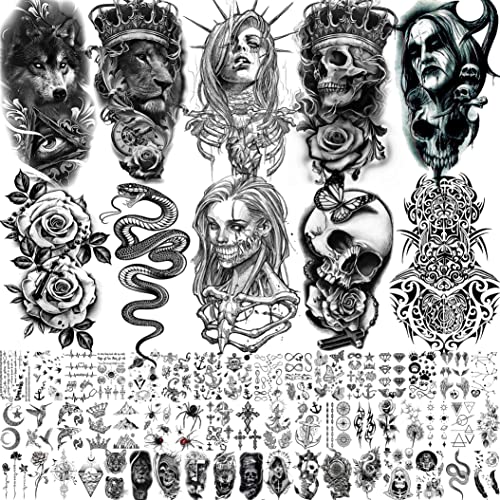 Shegazzi 62 Hojas Halloween Tatuajes Temporales Adultos Mujer Hombre Grande Cráneo Esqueleto Fantasma León Serpiente Tatuajes Falsos Niños Niñas 3D Realista Tatuajes Adhesivos Temporales Brazo Pierna